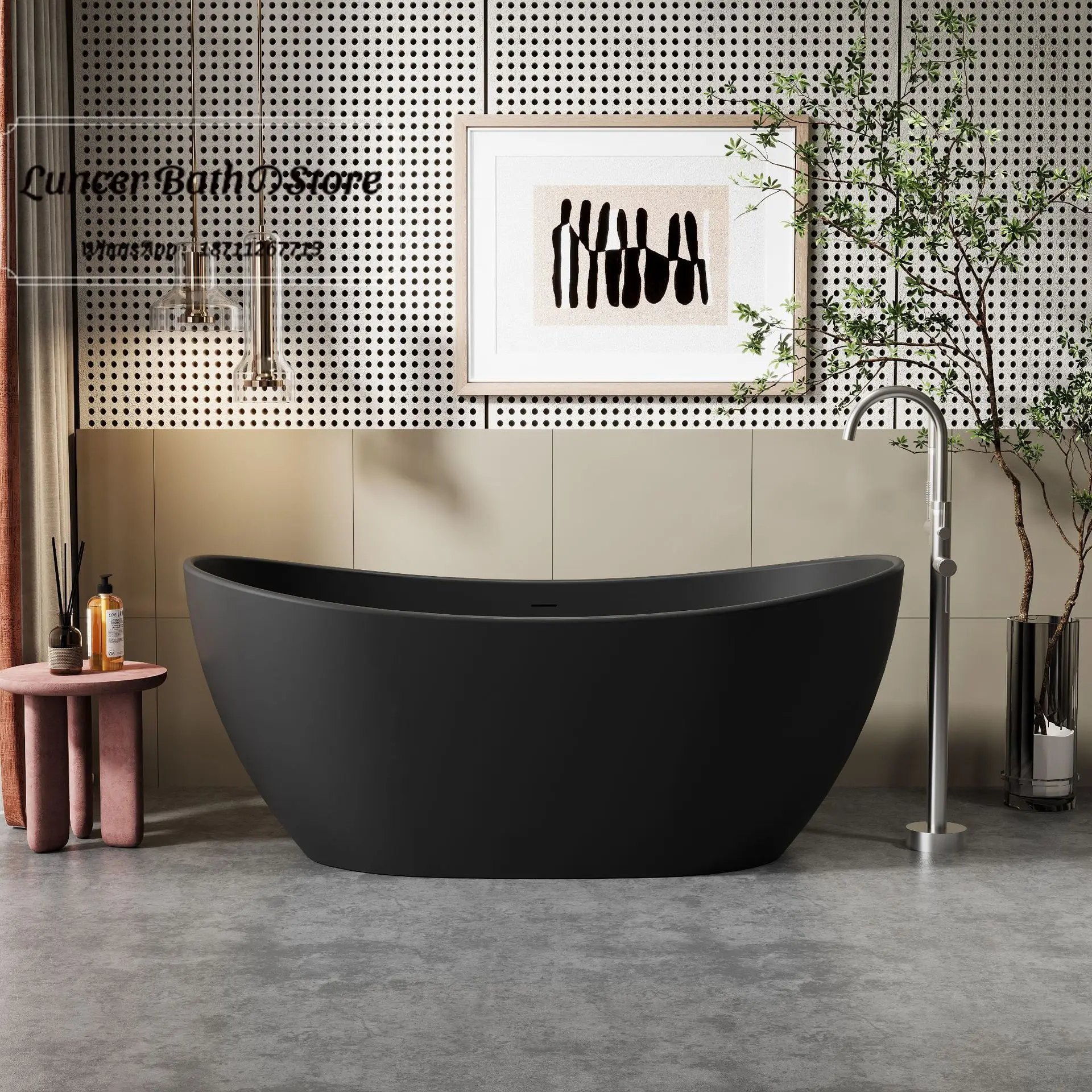 Freestanding Solid Surface Bathtub, Lucky Gold Ingot Shape Soaking Tub for Hotel, Villa, B&B, Modern Bathroom Decor
