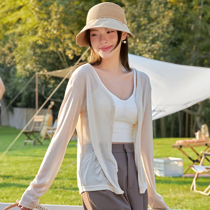 

Women for Spring Summer Sun Protection Outdoor Thin Long Sleeve Top Korean Style Solid Color Cotton V-Neck Linen Shirt Top