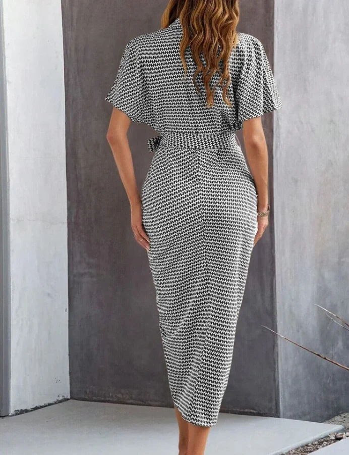 CPSYMYM Sukienki damskie Letni skręcić w dół kołnierz Wysoka talia Casual Krótki rękaw Ruched Button Codzienna sznurowana długa sukienka koszulowa