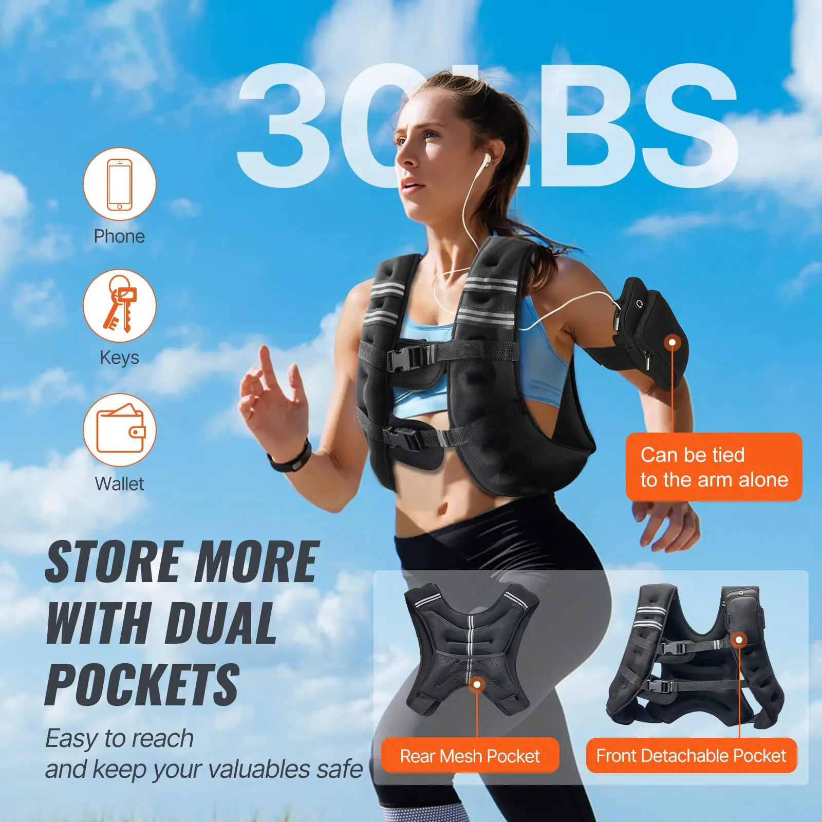 30 lbs Weighted Vest Weight Vest with Reflective Stripe, Adjustable Buckle Body Weight Vest for Men Women, Workout Equipment for Strength Training, Running, Jogging, Fitness, and Weight Loss