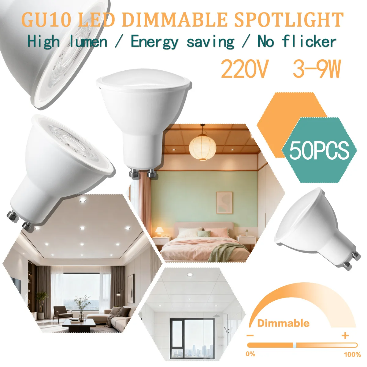 50PCS Dimmable GU10 LED Spotlight Bulbs 9W 7W 5W 3W Natural Lighting 3000K 4000K 6000K Lighting Bulb GU10 Base for Appliance