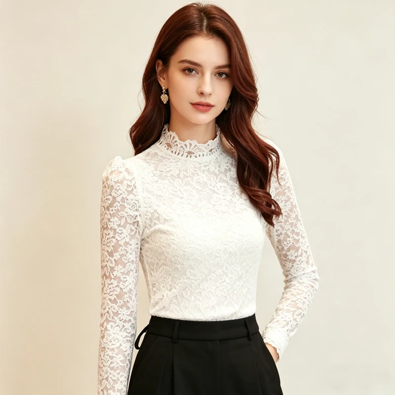 

2026 Elegant White Floral Lace Blouse Casual Slim Fit Tops Fashion Vintage Mesh Women Blouses Spring Autumn Long Sleeve Shirts