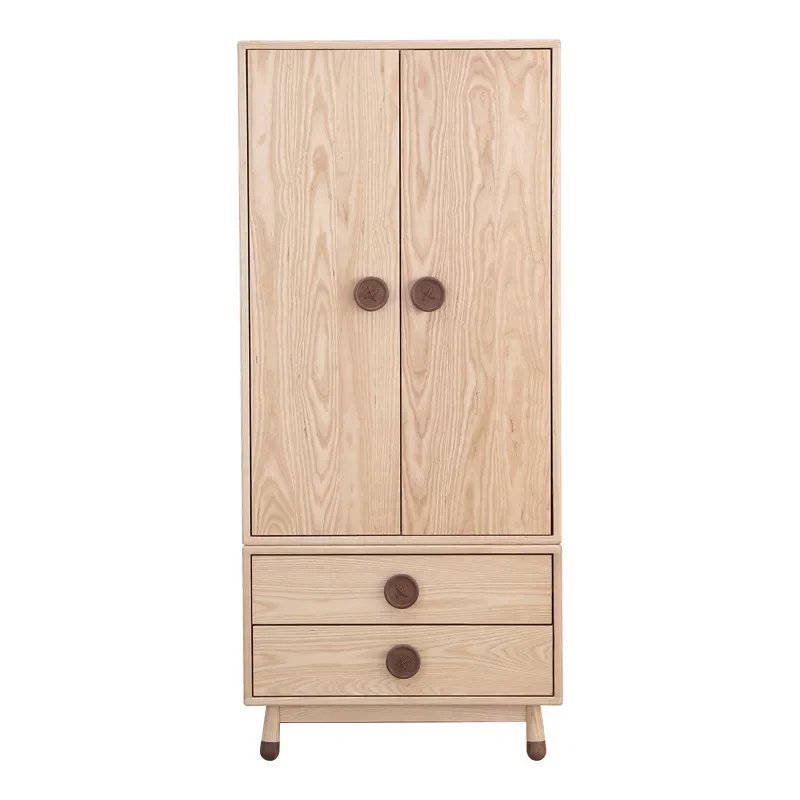 Nordic ash wood children's wardrobe, simple solid wood storage cabinet with black walnut buttons