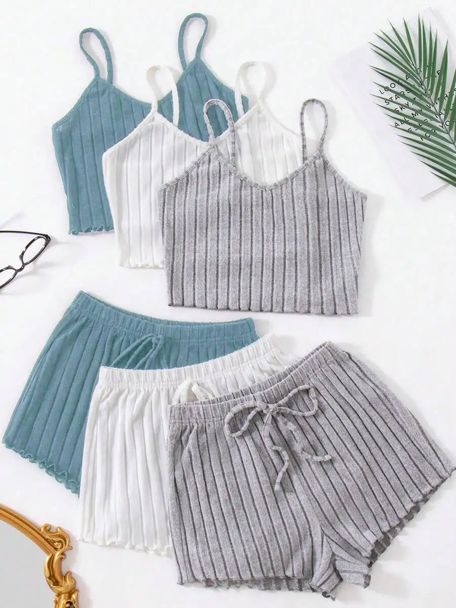 

3pcs Women Ribbed Camisole And Shorts Pajama Set Comfortable Summer Sleepwear