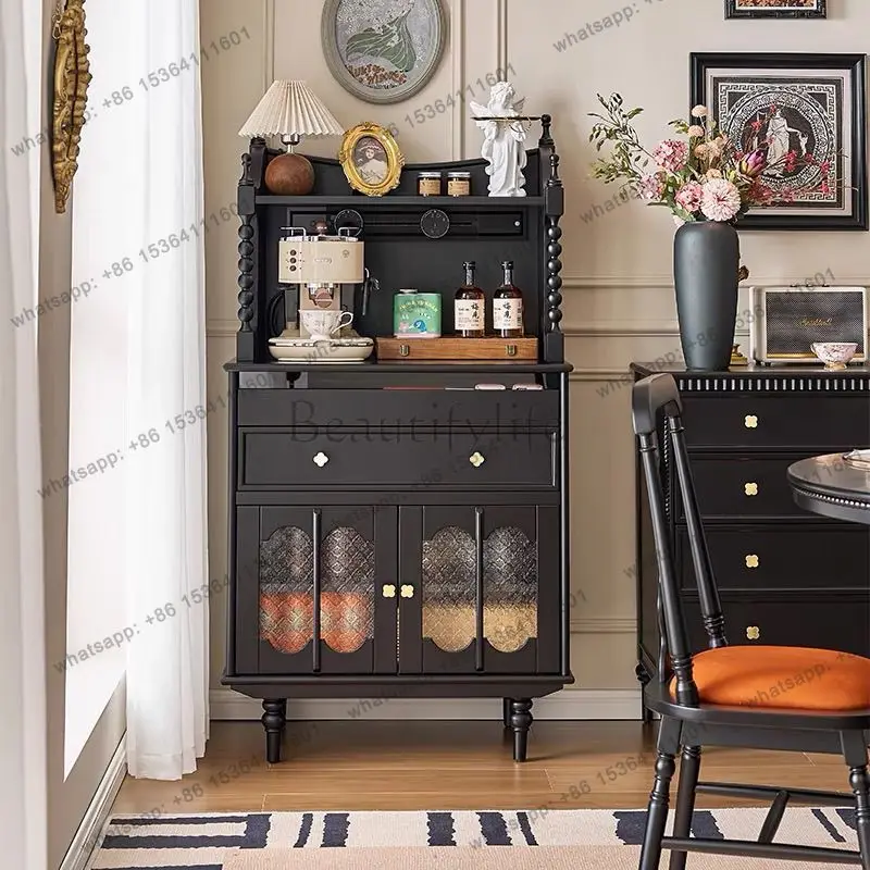 

French retro solid wood dining side, cabinet, living room integrated tea storage cabinet against the wall