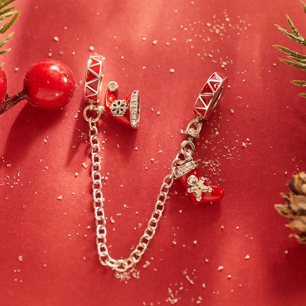 

Рождественская защитная цепочка из стерлингового серебра 925 пробы, шляпа Санта-Клауса, подвеска, носки, инкрустированный браслет «сделай сам», женские модные украшения, элегантный подарок любви