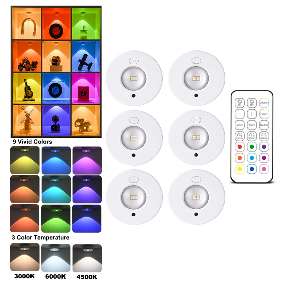 

Under Cabinet Lights RGB LED Spotlight 12Color Night Light Rechargeable Dimmable With Remote Wine Display Closet puck Light