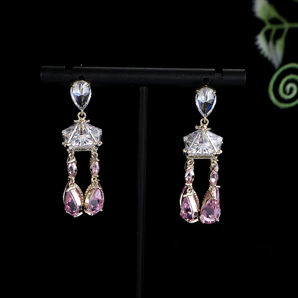 Luxury Cubic Zirconia Women Drop Dangle Earrings For Wedding Three-dimensional Triangular Pavilion Tassel Earrings A0151