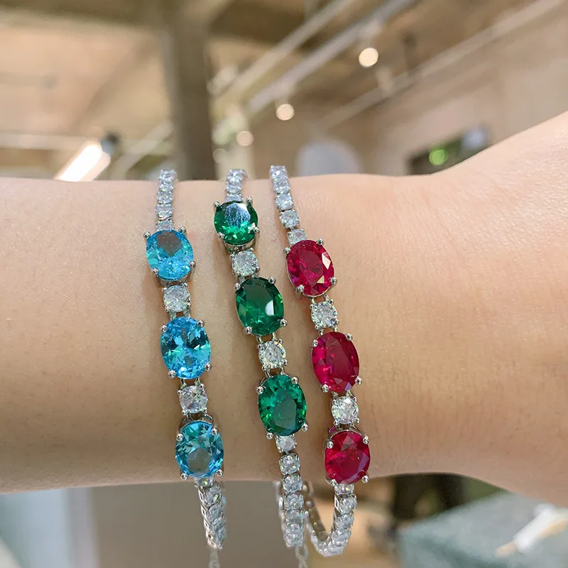 

2022 925 Sterling Silver 7*9mm Aquamarine Stone Emerald Ruby Bracelet Women Party Fine High Quality Jewelry Valentines Day Gift