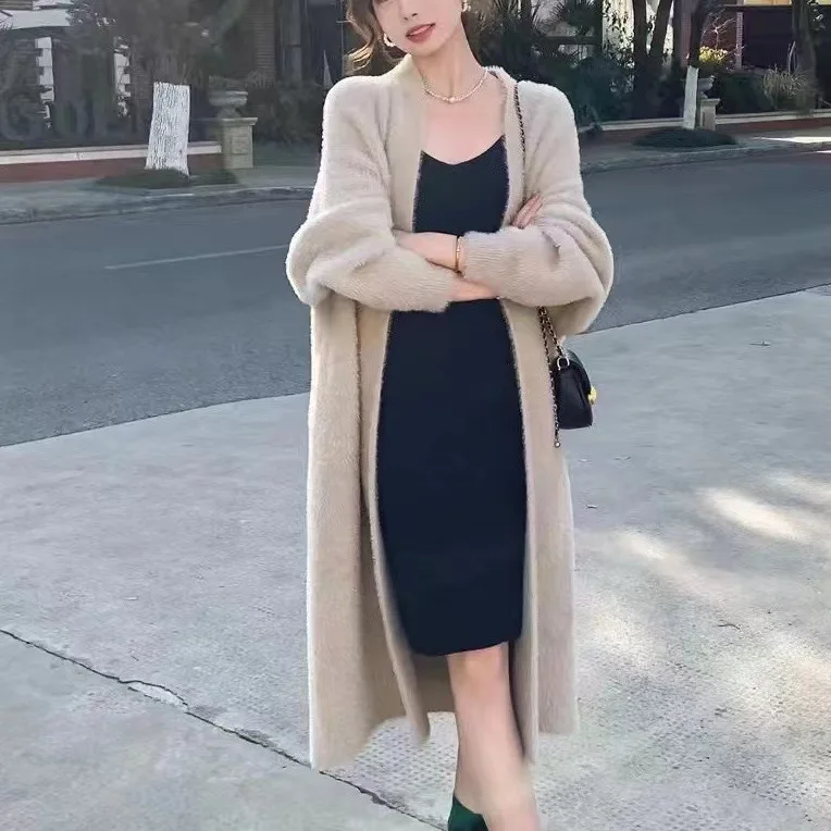 معطف محبوك مفتوح فضفاض وكسول للخريف والشتاء، سترة سميكة بطول الركبة من فرو المنك المقلد بأكمام طويلة، سترة دافئة