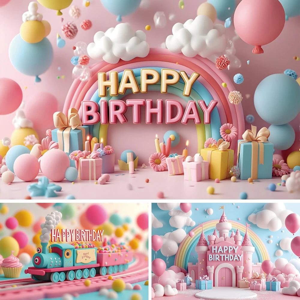 

3D Balloon Happy Birthday Photography Background Rainbow Clouds Train Children Birthday Party Backdrop Banner Photo Studio Props