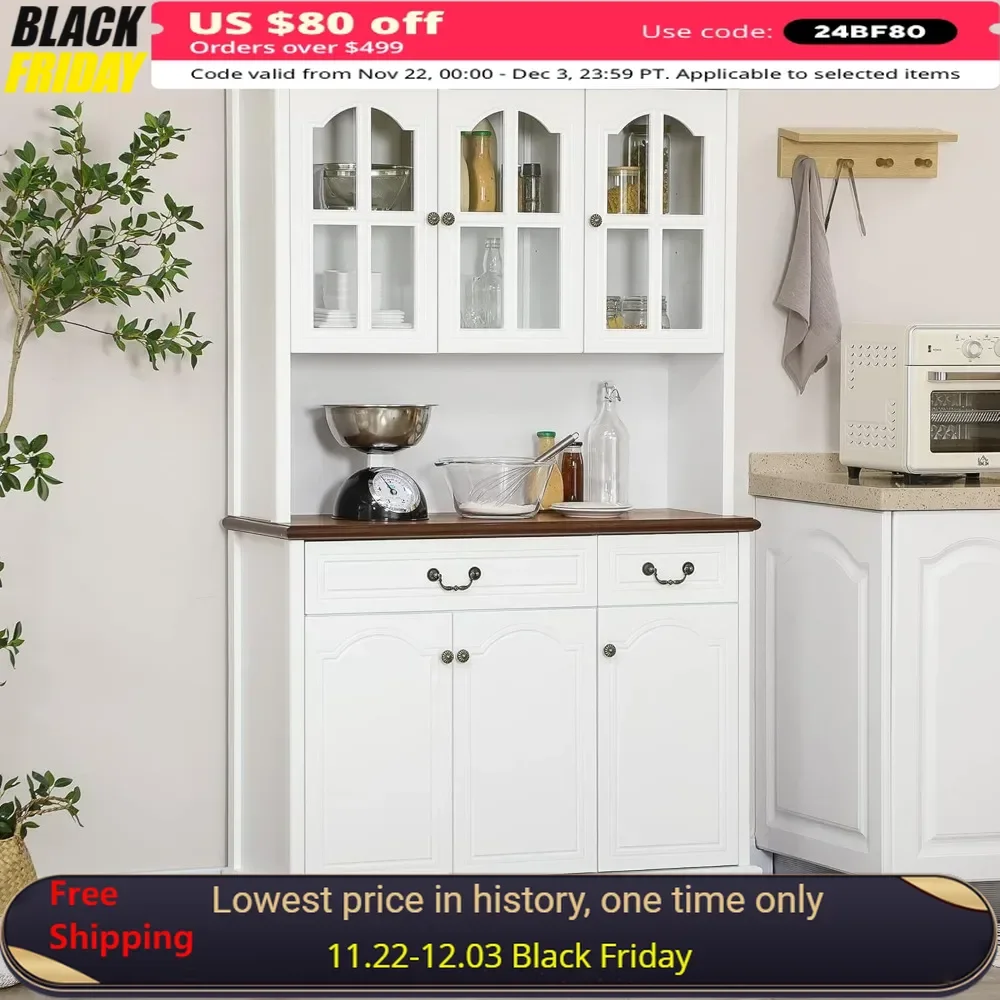 Kitchen Hutch with Soft Closing Window Pane Doors, Freestanding Storage Cabinet with 2 Drawers and 3-Level Adjustable Shelves