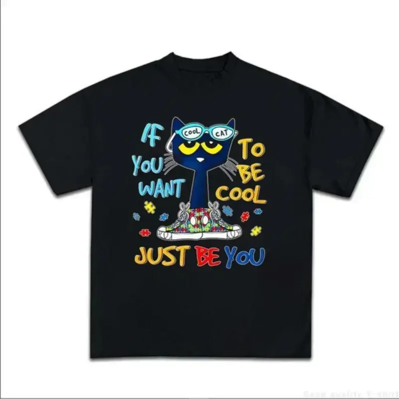 Men's 100% Cotton Casual Round Neck Graphic Tee - Loose-Fitting Soft, Cool & Breathable Piece, Unisex Pete The Cat Cartoon Short Sleeve Top, Ideal Gift for Childhood Memories