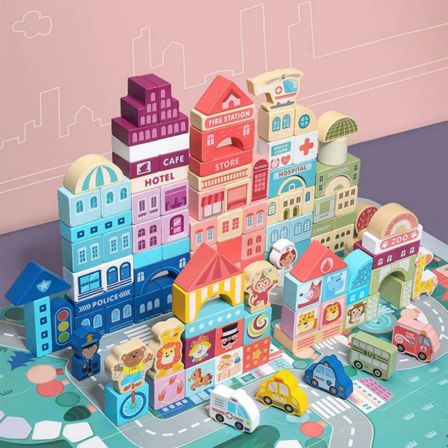 100 PCS Wooden City Traffic Building Blocks Montessori Toys Children Education Building Blocks Geometric Assembly Puzzles