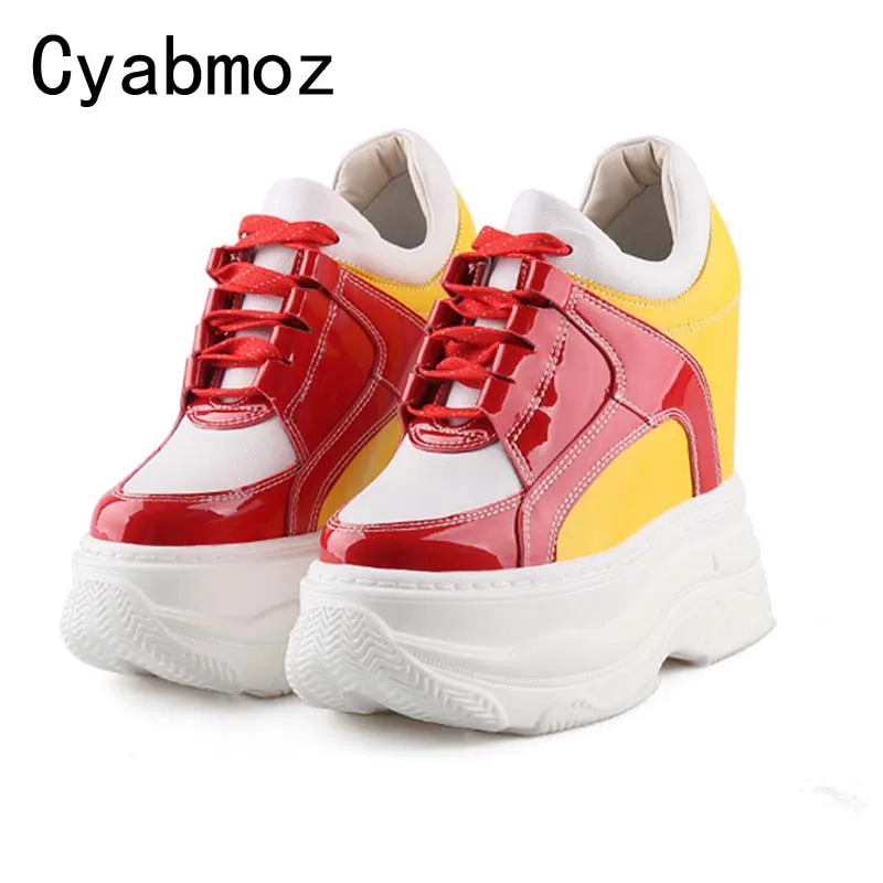 Women Sneakers Genuine Leather Thick Sole High Platform Height Increasing 14CM High Heels Wedges Pumps Lady Outdoor Casual Shoes