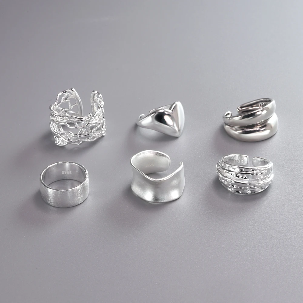 925 Silver Rings for Women Thick Wave Wide Solid Double-layer Punk Trendy Couple Female Party Birthday Gift