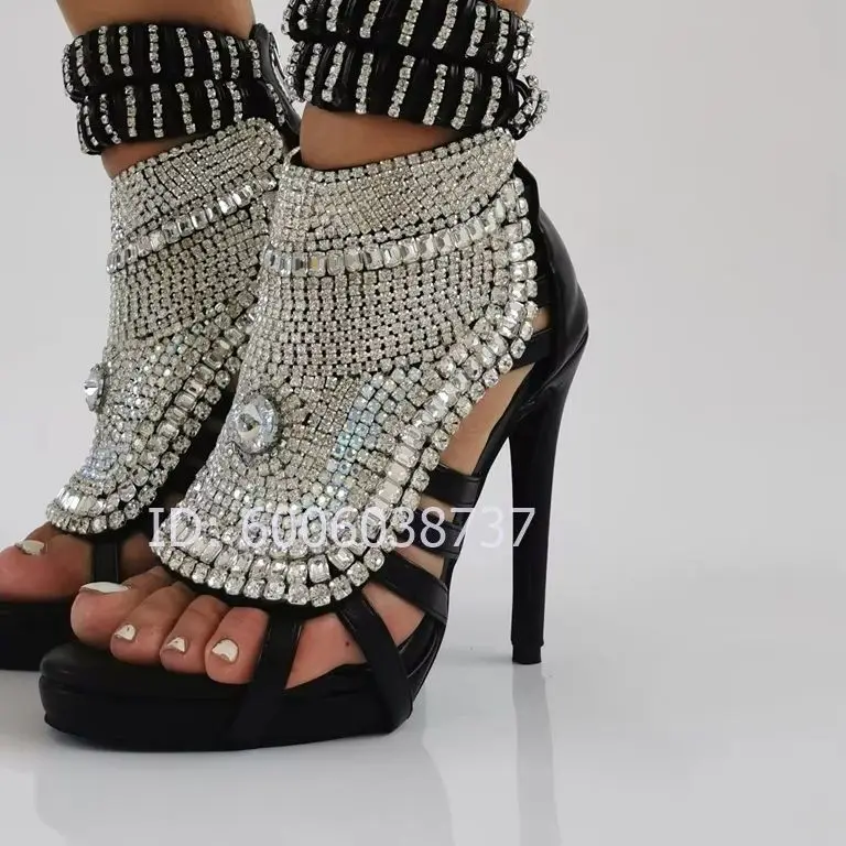 Women Rhinestone Glitter Ankle Wrap High Heel Sandals Open Toe Stiletto Heels Ladies Wedding Party Bling Dress Shoes