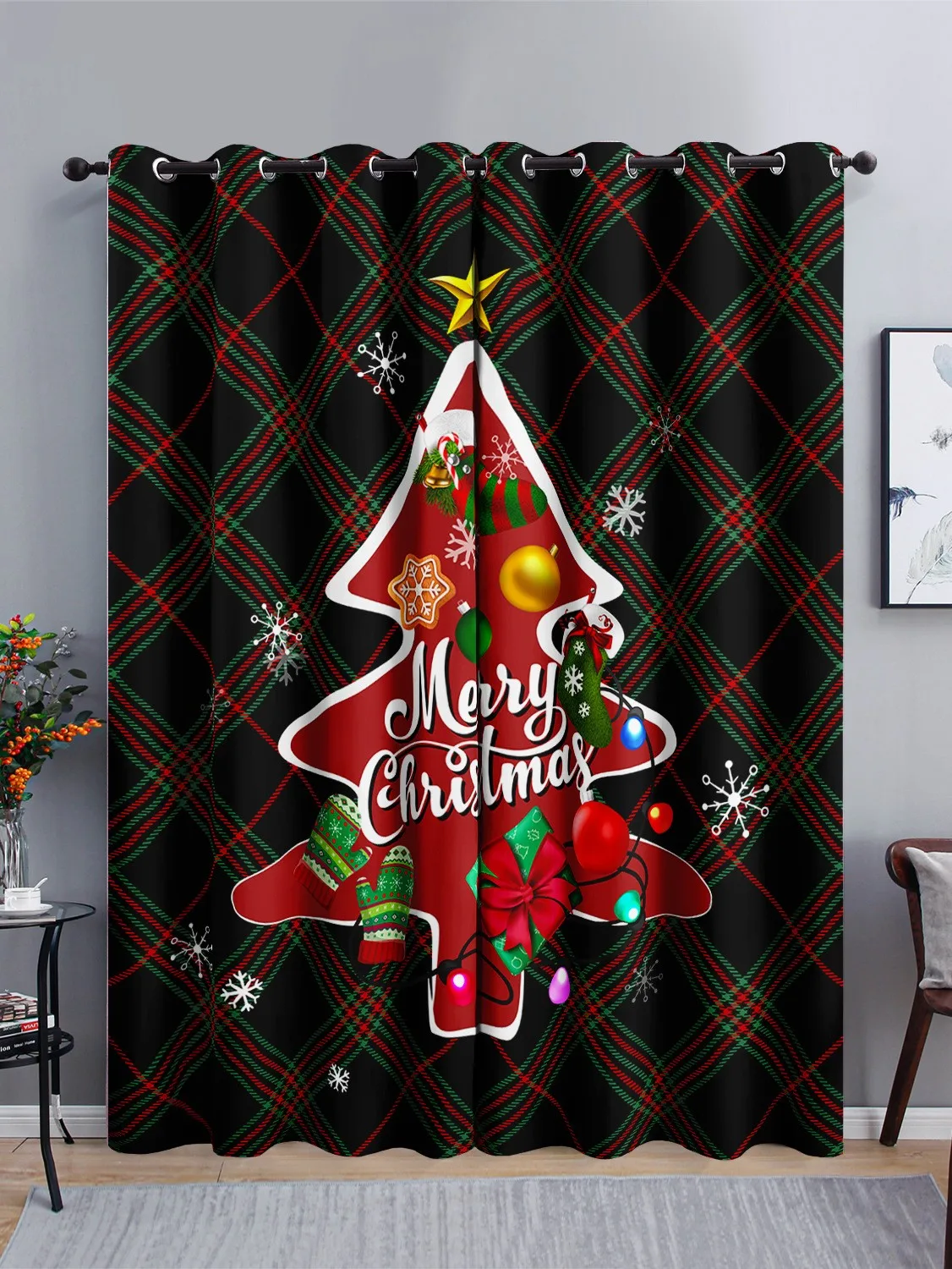 

Plaid Black and Red Santa Claus Merry Christmas Tree Shading Darkening Curtain for Living Room Bedroom Kitchen Home Hook Decor