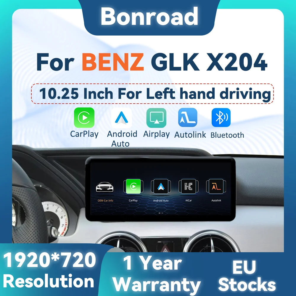 BONROAD 1920*720 10.25 Écran tactile multimédia pour voiture Linux, CarPlay sans fil, Android Auto, Mirroring, Airplay, Autolink, Radio GPS, Stéréo pour Mercedes Benz GLK X204 NTG 4.0 4.5, Système de navigation GPS, Affichage GPS, Autoradio