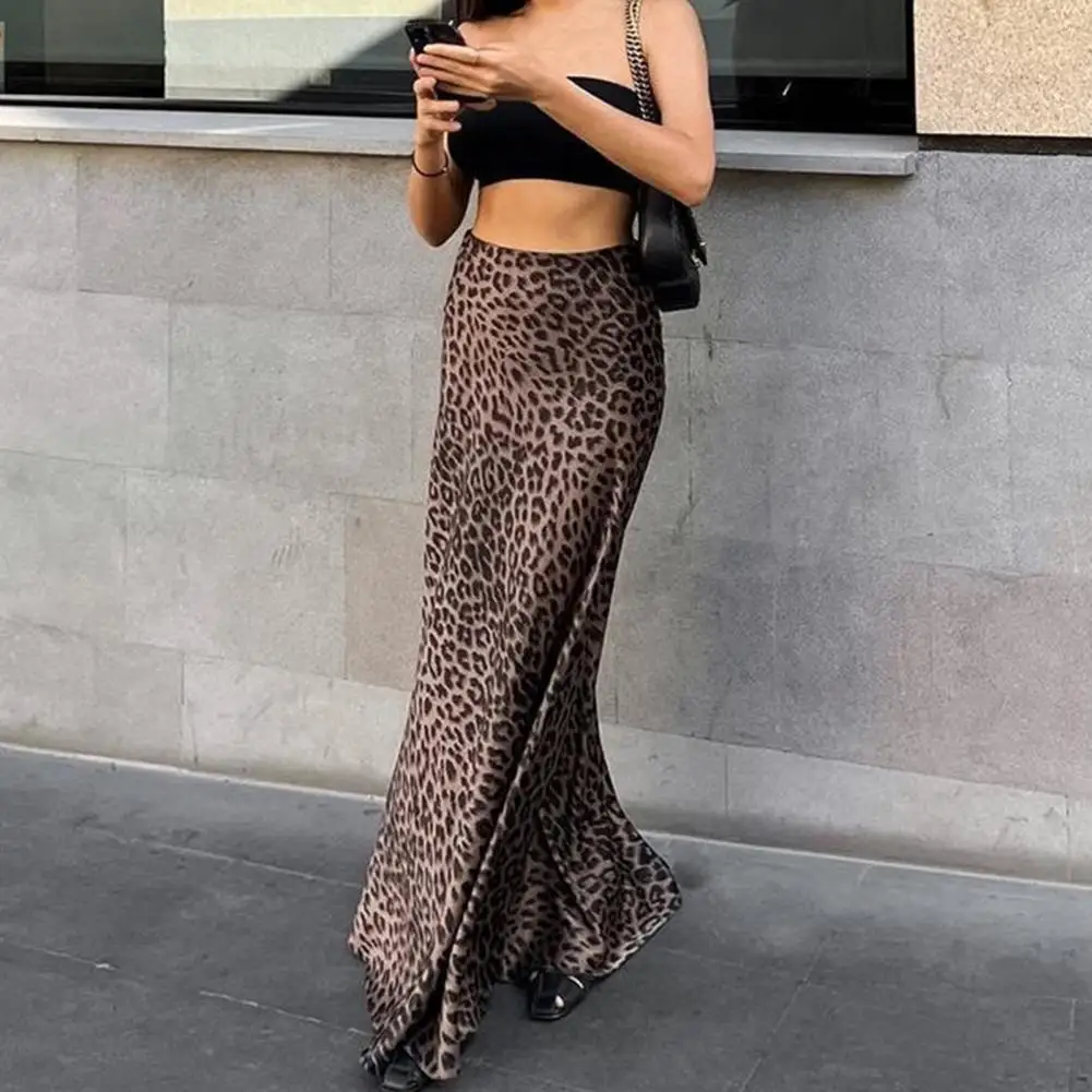 Women Leopard Print Long Skirts For Women Vintage High Waist Satin Skirt Woman Fashion Summer Midi Skirt Elegant Women's Skirts