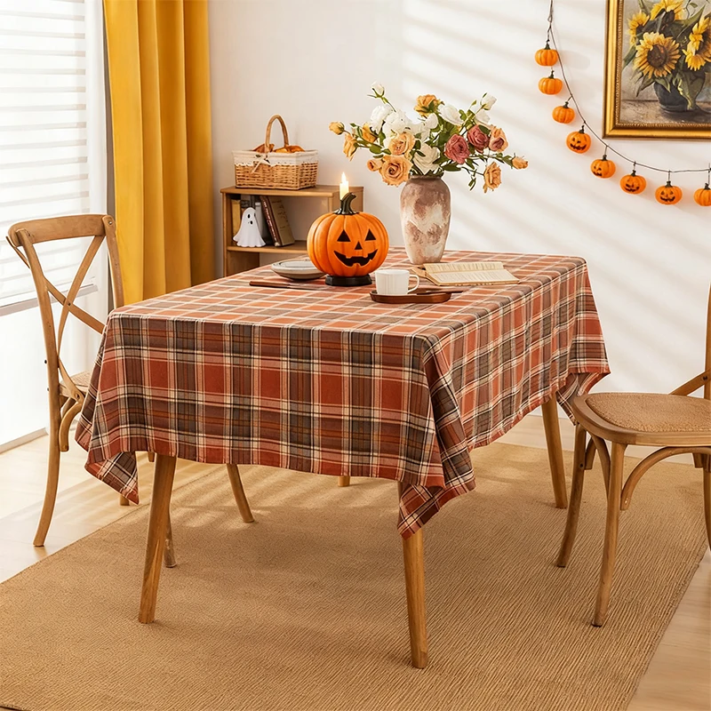 Halloween Themed Orange Checkered Soft Skin Friendly Cloth Tablecloth for Autumn Holiday Parties Banquets Restaurants Kitchen