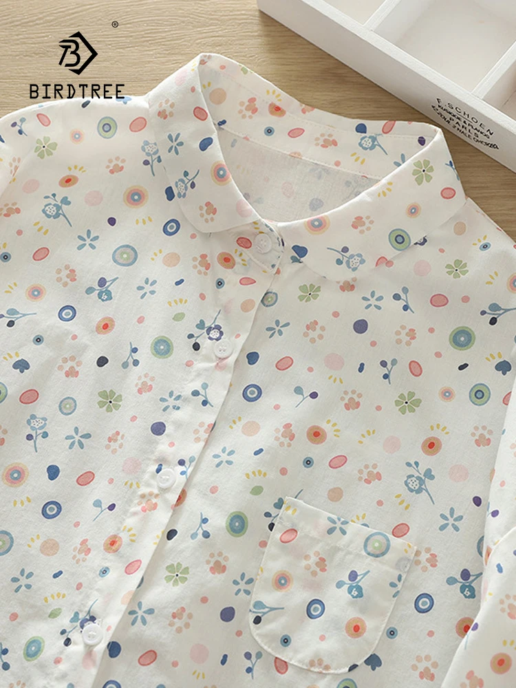 

New 2026 Spring Women Cotton Long Sleeve Shirt, Turn-down Collar Print, Mori Girl Simplicity Japan Style Loose Blouse T63722CC