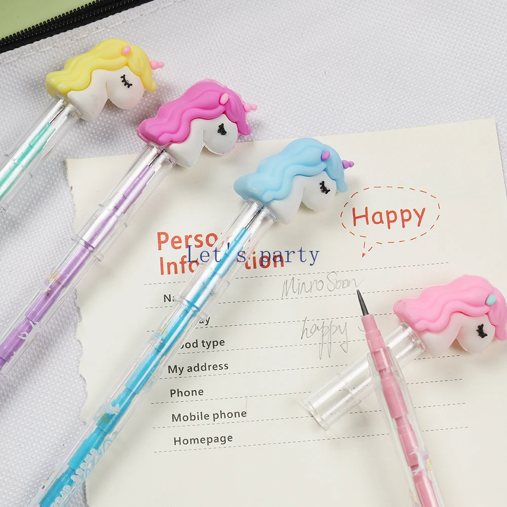 8Pcs Cartoon Cute Rainbow Unicorn Theme Stackable Block Pencil for Kids Birthday Party Favors Back To School Stationery Gifts