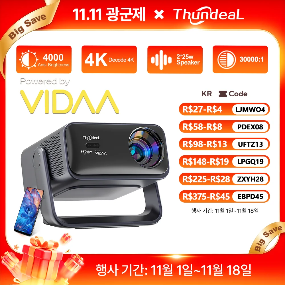 ThundeaL VIDAA 4K 풀 HD 1080P 프로젝터 TD99W WiFi 3D 4K 비디오 영화 휴대용 빔 프로젝터 PK TD98 TD98W 홈 시어터 시네마