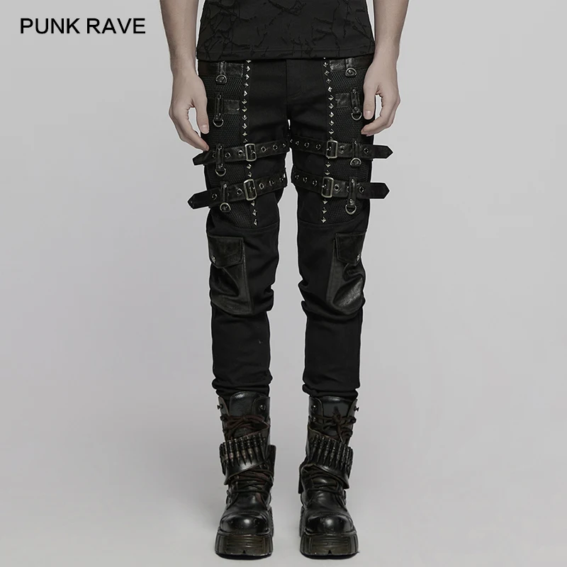 PUNK RAVE Men's Metal Punk Front Studded Straps Tight Stretch Pants Pockets Cool Men Clothing Trousers Streetwear