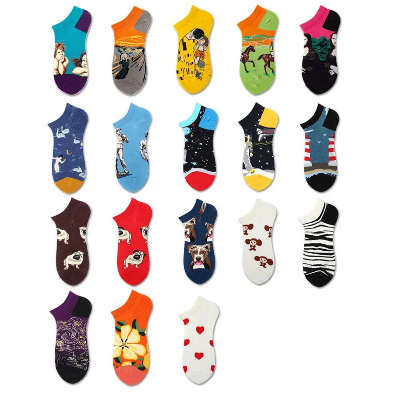 2pairs/lot Socks Personality Happy Oil Painting Colorful Fashion Funny Cartoon Harajuku Casual Print Ankle Socks New