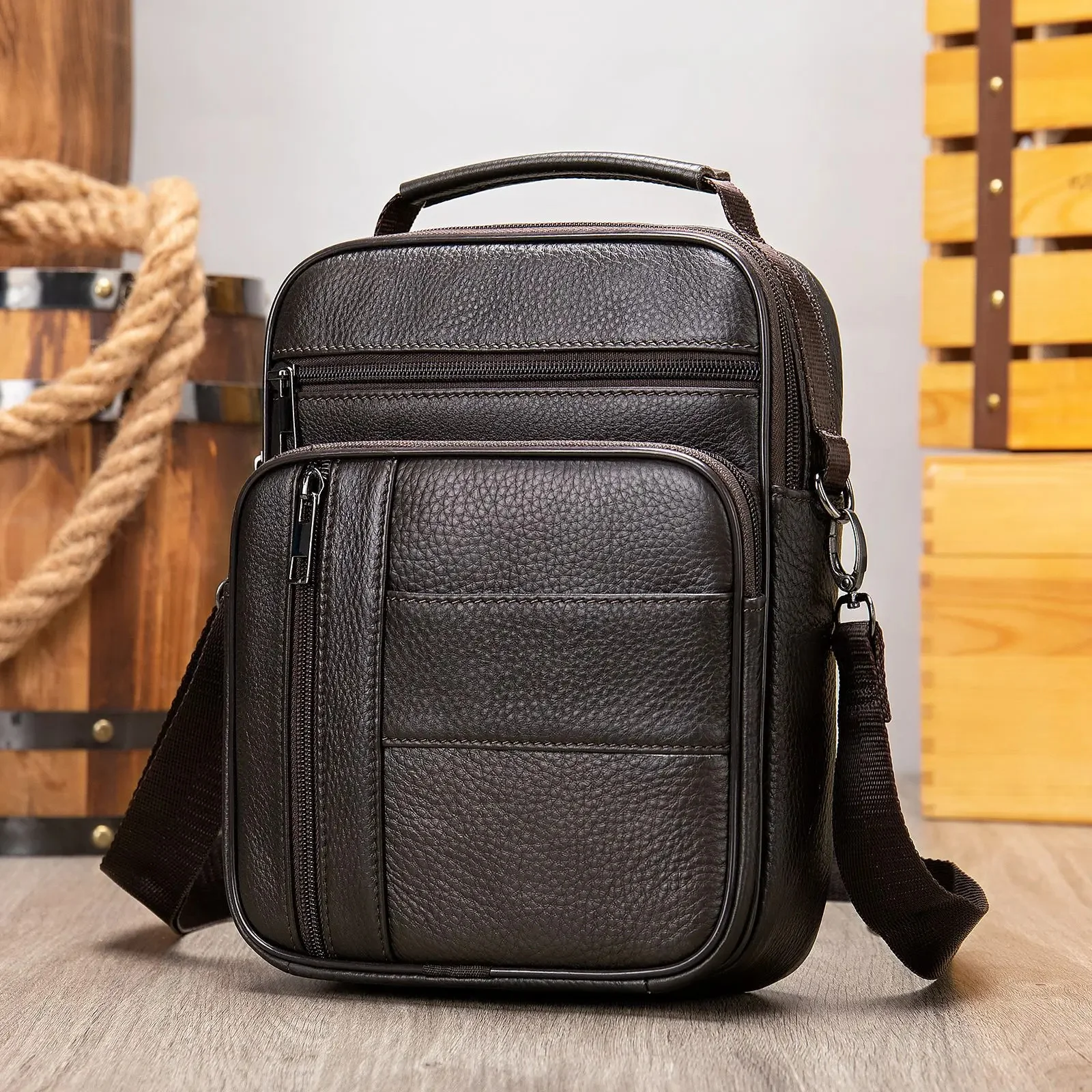 Bolsa mensageiro multifunções para homens, couro genuíno, bolsa de ombro transversal, 100% couro de vaca, casual, marca de viagem