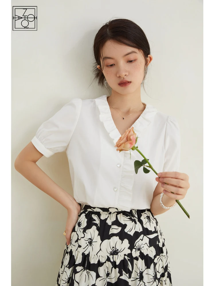 ZIQIAO 100% Cotton French Retro Feeling Niche White Shirt for Women Short-sleeved Summer New V-neck Fungus Decoration Top Female