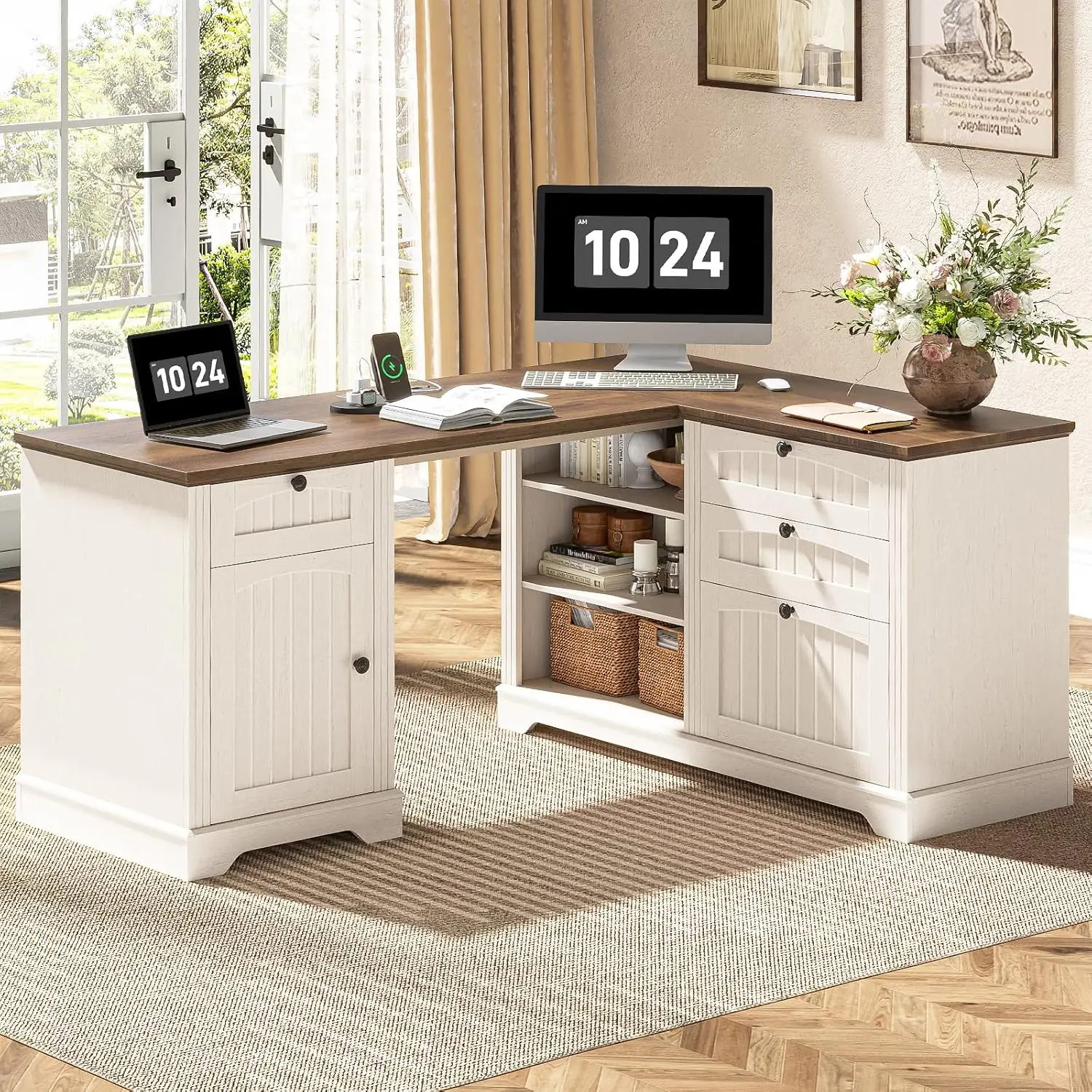 L Shaped Corner Desk with Drawers & Power Strip, 56 Inch Wooden Home Office File Storage, White & Brown, Customized