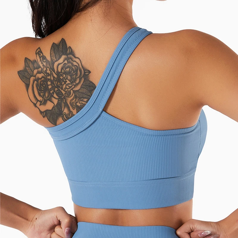 Summer One Shoulder Yoga Bra Beautiful Back Sports Top Women Gym Running Fitness Shorts High Waist Seamless 2 Piece Bodysuit