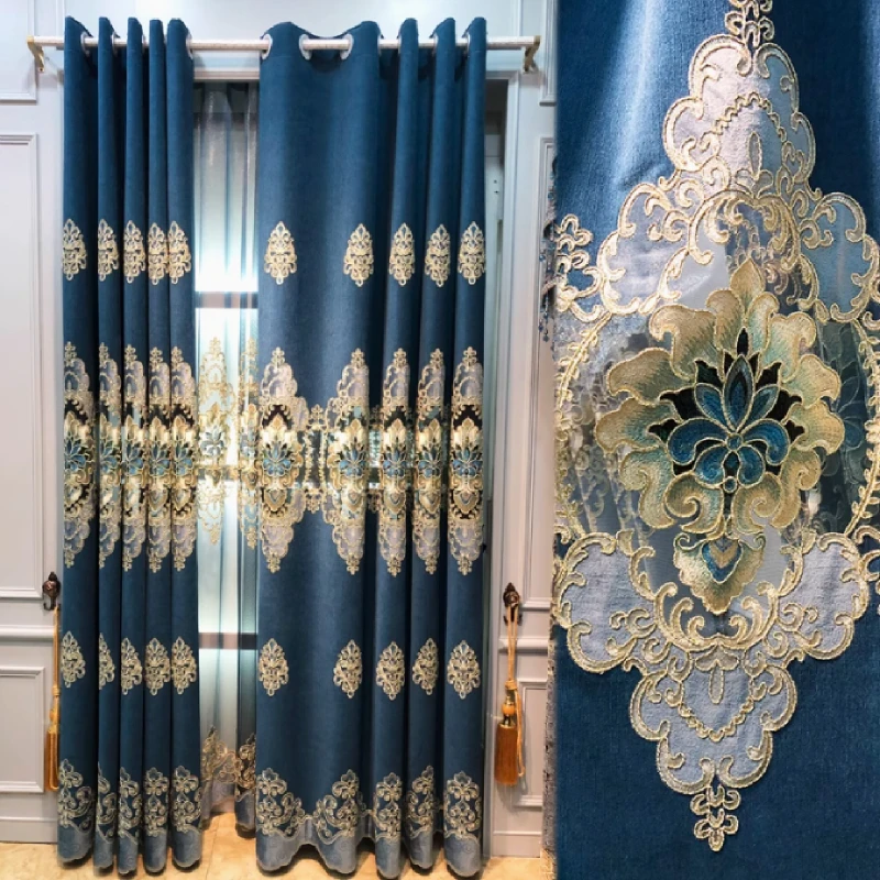 Customized High-end Blue Embroidered Window Screen Hollow Chenille Curtains for Living Room Bedroom Floor-to-ceiling Windows