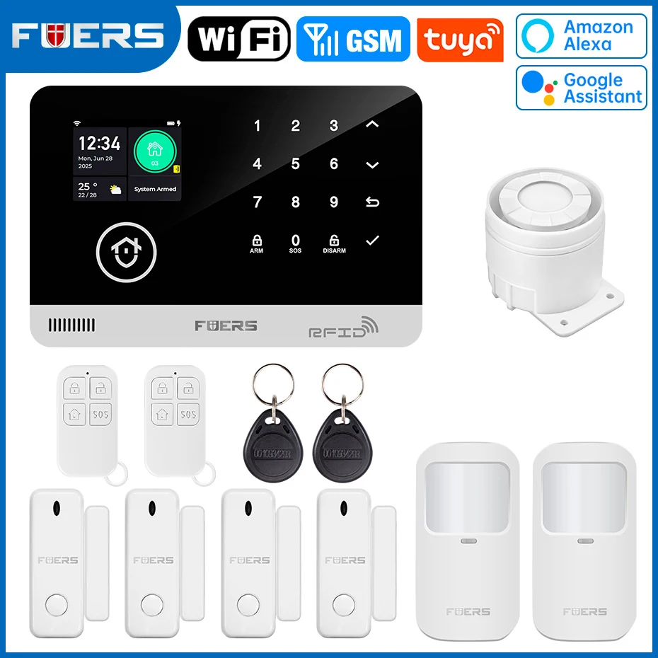 FUERS Alarmsysteem voor thuis WIFI GSM Beveiligingsalarm Host Ant-diefstal met deurbewegingssensor Tuya Smart App-bediening werk Alexa