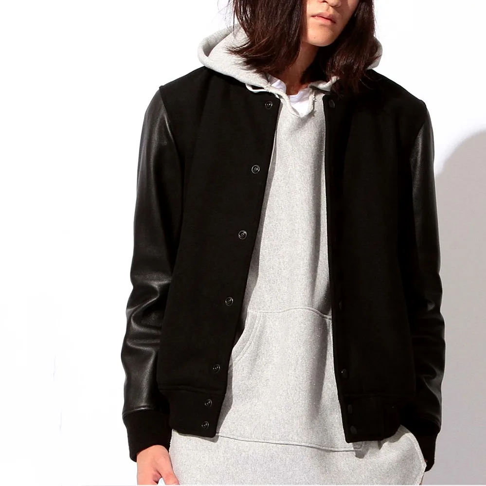

ort Sle Genuine Leather Jaet Men's Baseball Coat Woolen Sve eepskin Leather Jaet Spring Casual Straight Cut