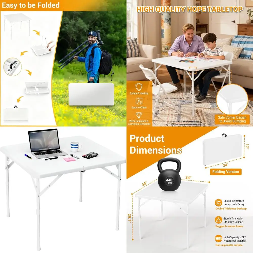 

Portable Folding Square Card Table with Carry Handle, Plastic Utility Dining for Camping, Picnic, Office, Party - White