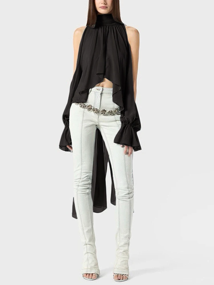 

Sisterlinda, осенняя футболка с лямкой на шее и нерегулярным подолом, женская трендовая сексуальная повязка с полыми рукавами-бабочками, базовая повседневная уличная одежда для вечеринок