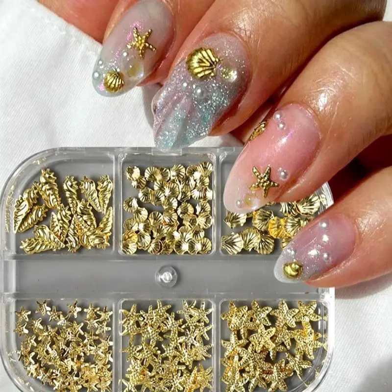 6er-Set Goldene Muschel- und Seestern-Nagelcharms, 3D-Muschel-Nagelkunst-Dekorationen, Sommer-Metall-Nagelstecker, Maniküre-Nagelzubehör – Detail 8