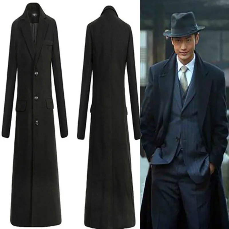 

Warm Woolen Coat for Men Extra Long over Knee Suit Collar Autumn Winter Cotton Lined Faionable Slim Fit Youth Windbreaker