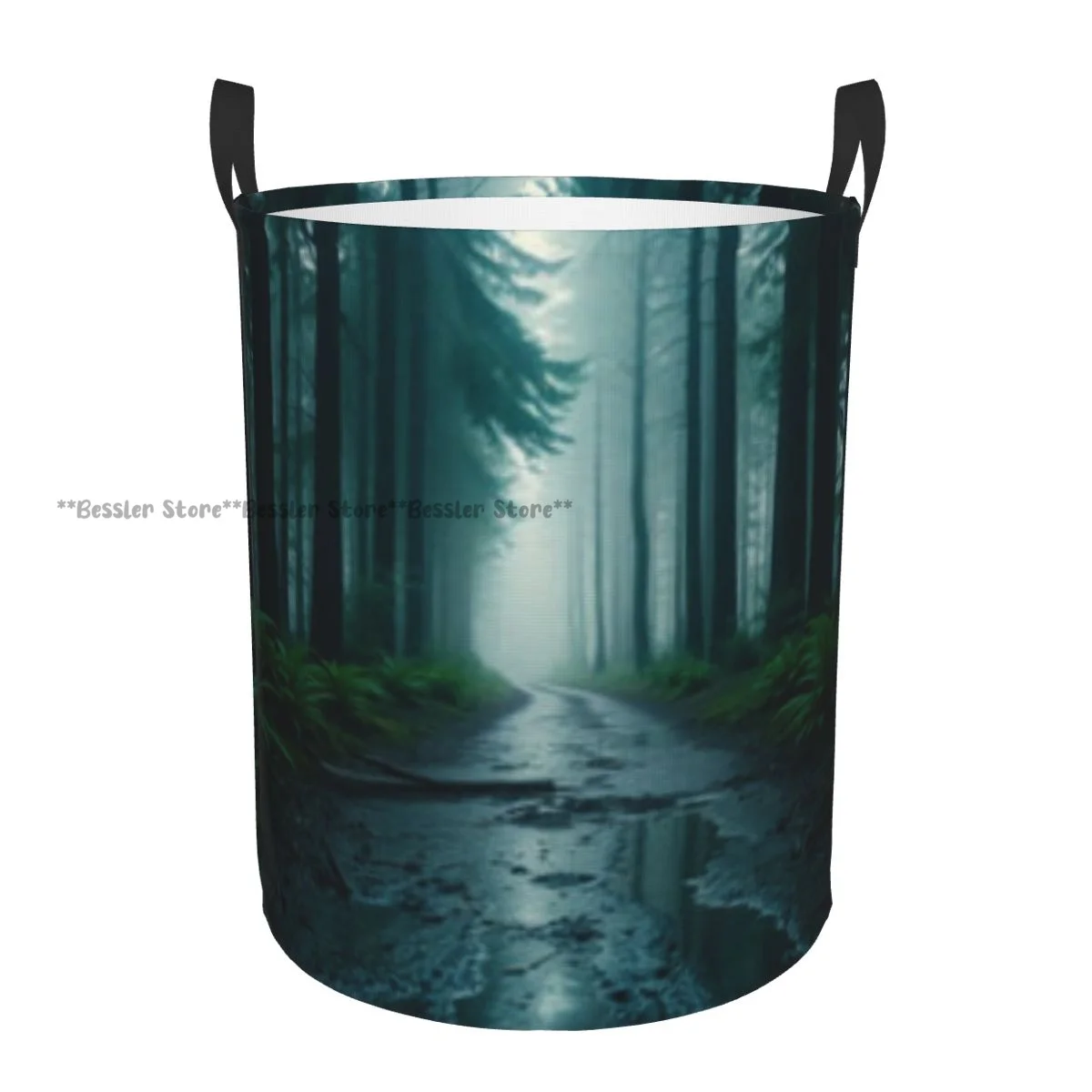 

Foldable Laundry Basket for Dirty Clothes Foggy Forest Road In The Rainforest With Trees And Ferns Storage Hamper