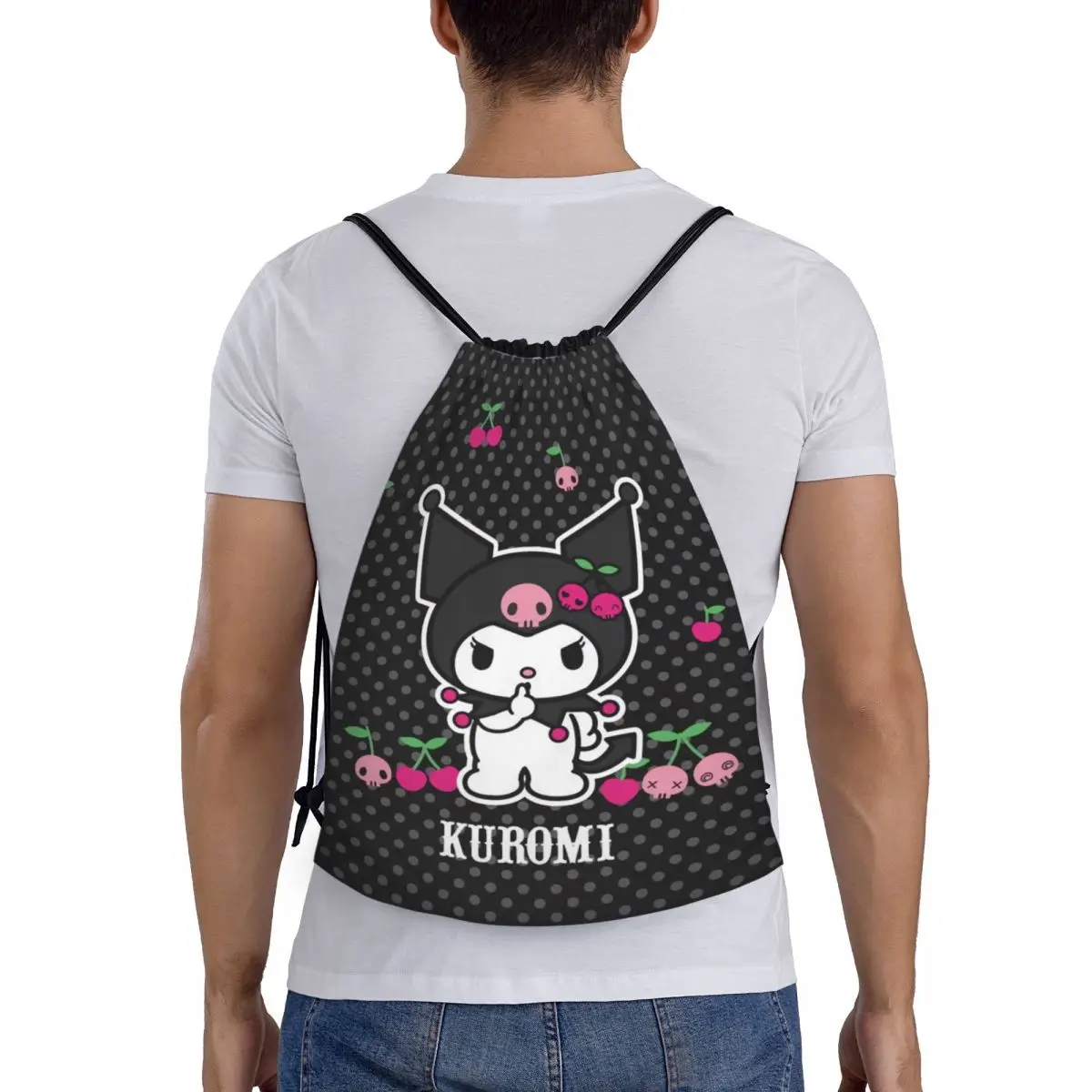 Zaino portaoggetti per palestra sportiva leggero da donna con coulisse personalizzato Kuromi Cartoon Cat