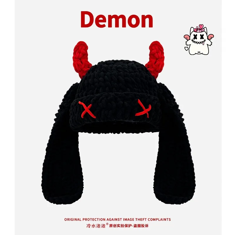 Niche Y2k Personality Little Devil Long Ears Knitted Hat for Men and Women Autumn and Winter Cute Warm Ear Protection Beanie Cap