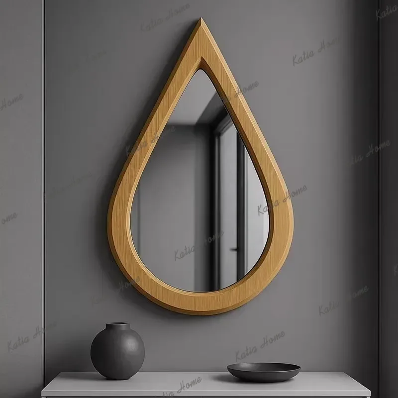 French Style Retro Art Design Water Drop Shape Solid Wood Makeup Mirror Living Room Bedroom Wall Surface Decoration Hang Mirror