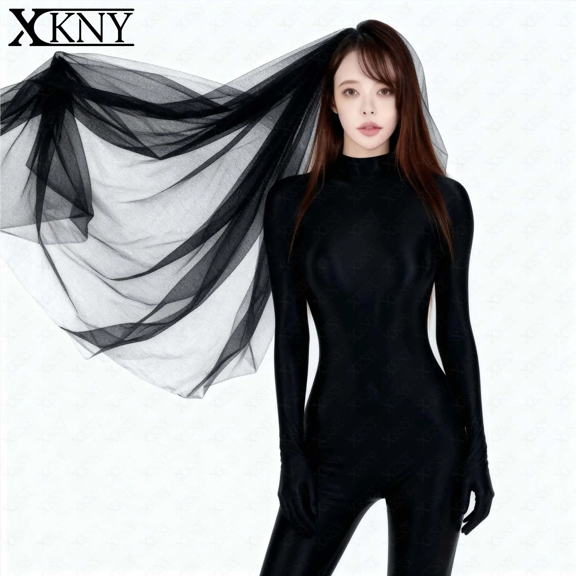 MASKED STAFFS satin glossy bodysuit High Neck Long Sleeve jumpsuit whit gloves Unisex short Zipper Leotard