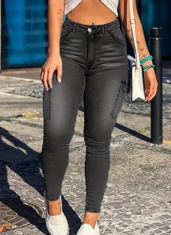 

Women's Jeans 2026 New Spring Autumn Solid Color Vintage Pocket Design High Waist Streetwear Casual Skinny Workwear Pants