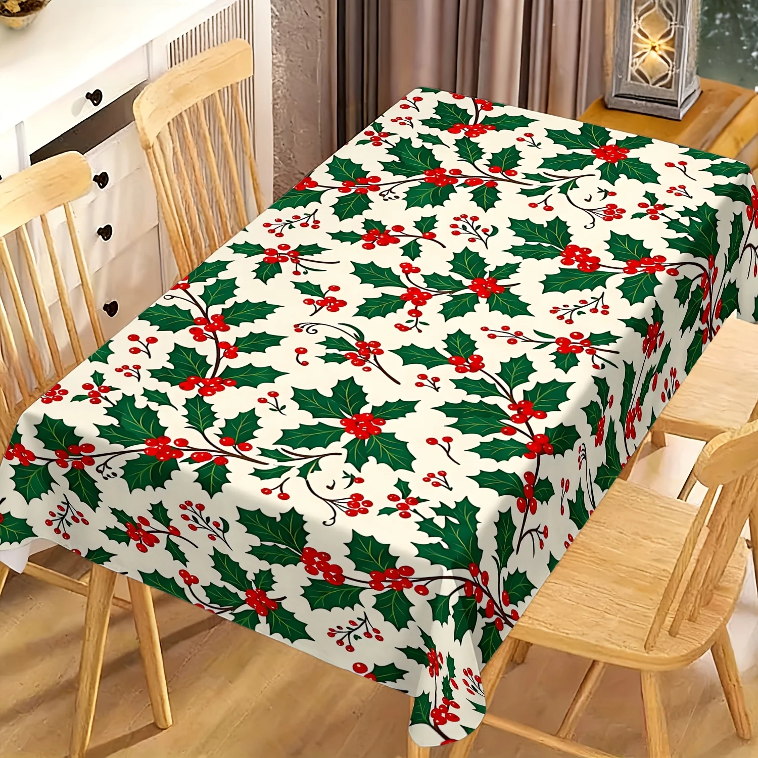 1pc 2D Flat Tablecloth, Green Holly Leaf Red Berry Christmas Pattern Printed Rectangle Tablecloth,Decor for Dining Table,Wedding