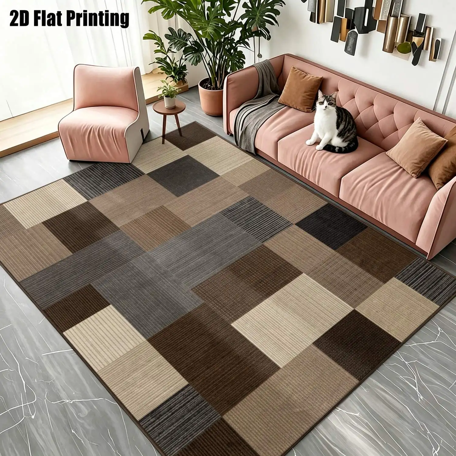 1Pc 2D Printed Navy-Gray Retro European-Style Patterned Carpet, Modern Simple Design for Home Decor, Multi-Size, Machine Washable, Ideal for Multi-Scene Use