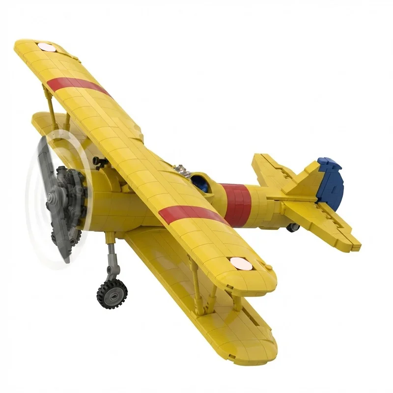 MOC Vintage Yellow Biplane Trainer Aircraft with Red Stripe & Spinning Propeller Block Model